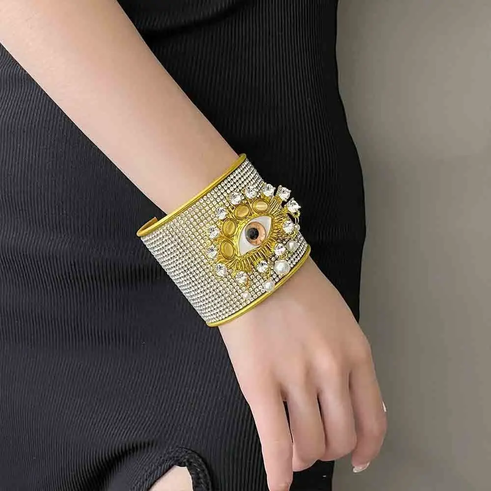 Metal Exaggerated Wide Open Bangle Alloy Full Rhinestone Demon's Eye Bracelets Europe American Style Gold Geometric Cuff Bangles