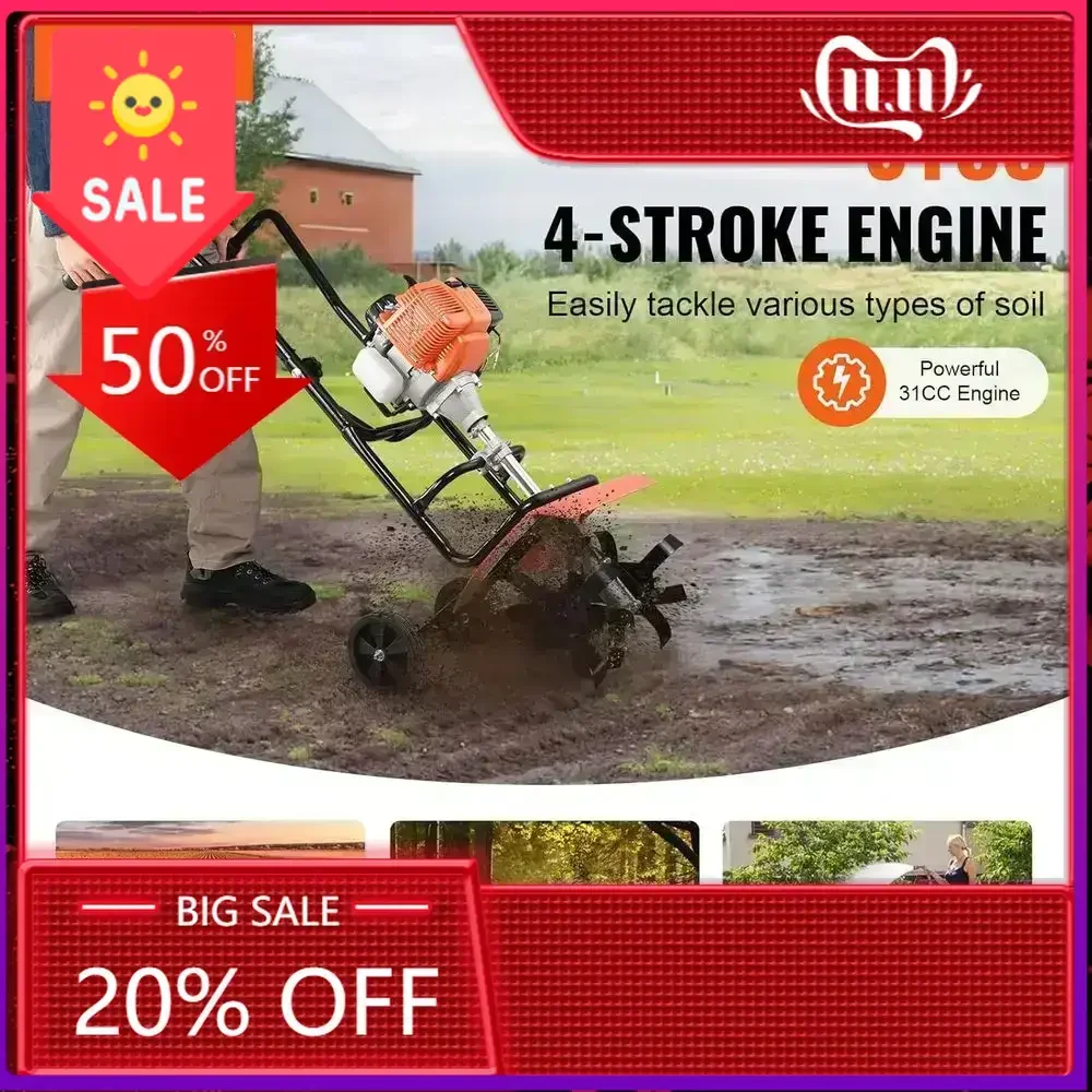 

Bestseller4-Cycle 31CC Garden Tiller with 4 Adjustable Steel Tines for Soil Cultivation in Yards and Gardens