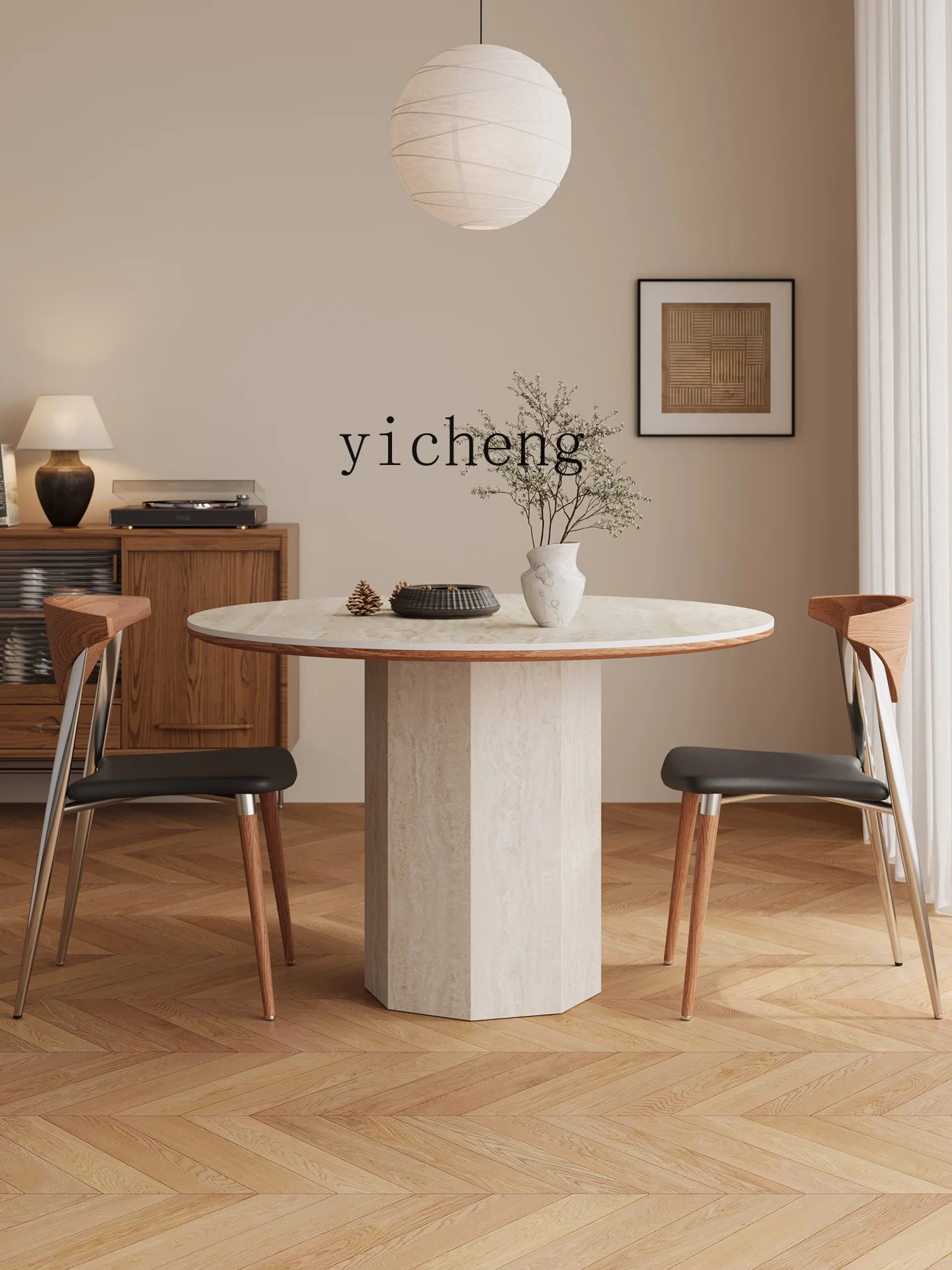 LSL طاولة مستديرة خمر لوحة حجر الترافرتين غرفة المعيشة طاولة طعام وكرسي مجموعة للمنزل شقة صغيرة