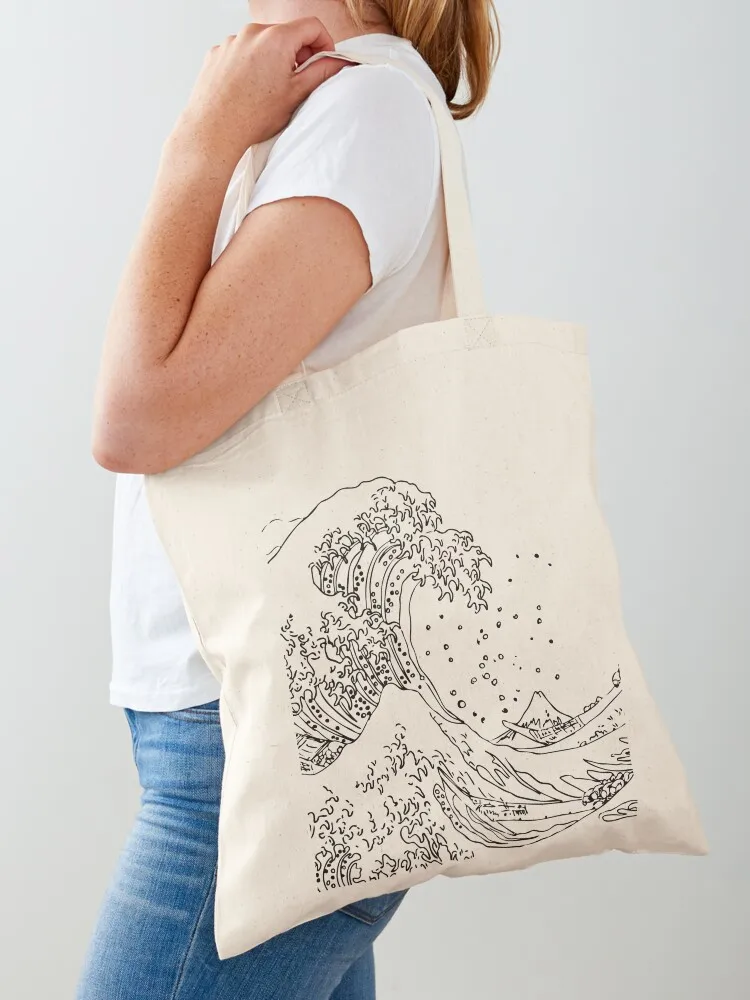 

Great Wave Outline Black and White Tote Bag bags luxury women shopping trolley bag women bag canvas tote bags