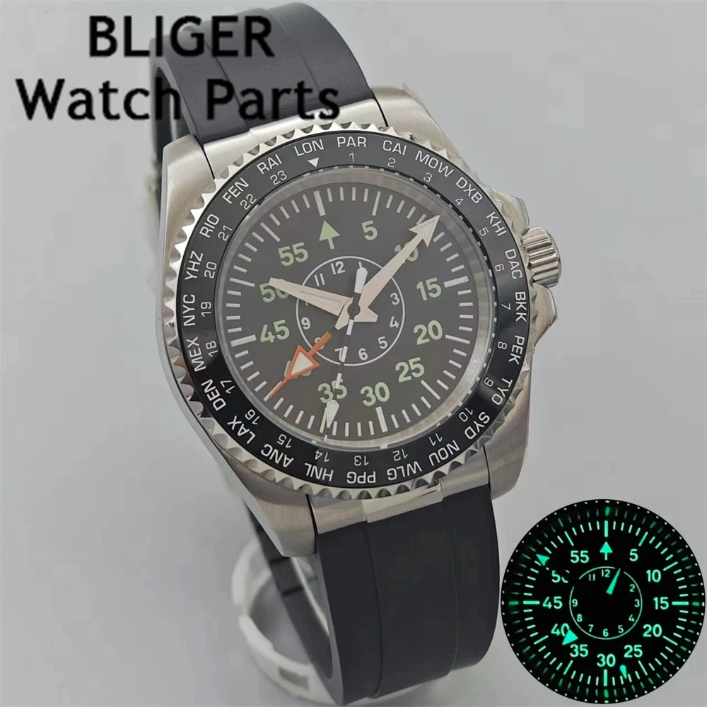 Bliger-男性用サファイアガラス付き機械式時計,緑色の発光ラバーストラップ,ソリッドエンドリンク,グライドクラスプ,防水,40mm,nh34a