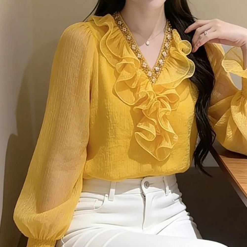 Yellow ruffle edge long-sleeved shirt women's 2026 new important occasion beautiful French light luxury temperament top spring - view 3