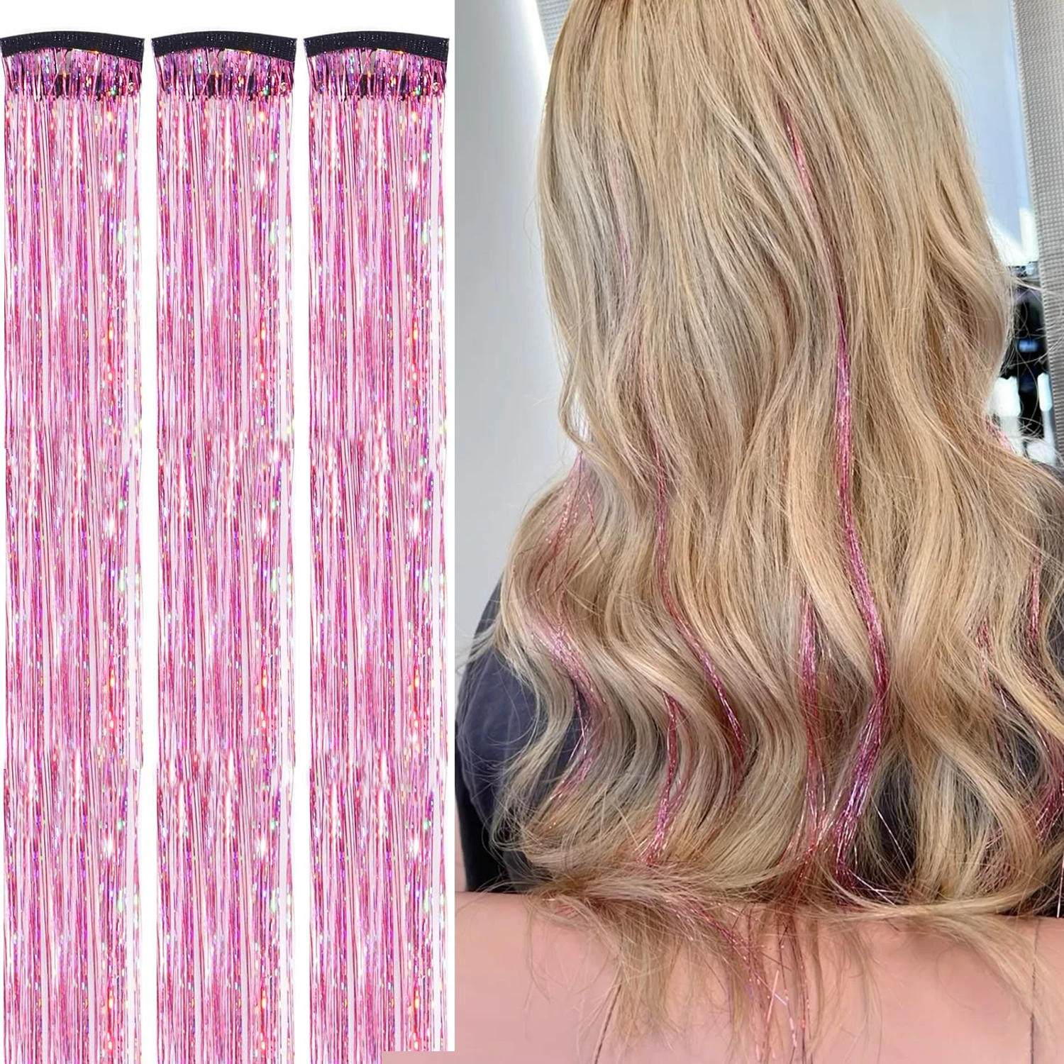 Hair Tinsel Clip in Dreamy Colorful Fairy Hair Tinsel Kit, 24 Inch Glitter Clip in Hair Extensions for Girls Women Synthetic