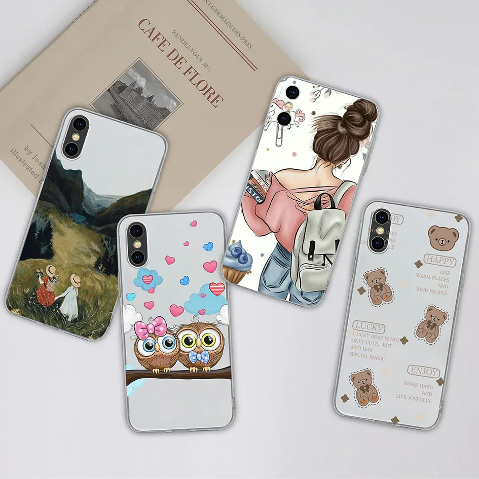 Phone Case For iPhone X XR XS Max Clear Cute Cartoon Painted Soft Silicone Back Cover For iPhone x xs X S max xr X R Coque Funda