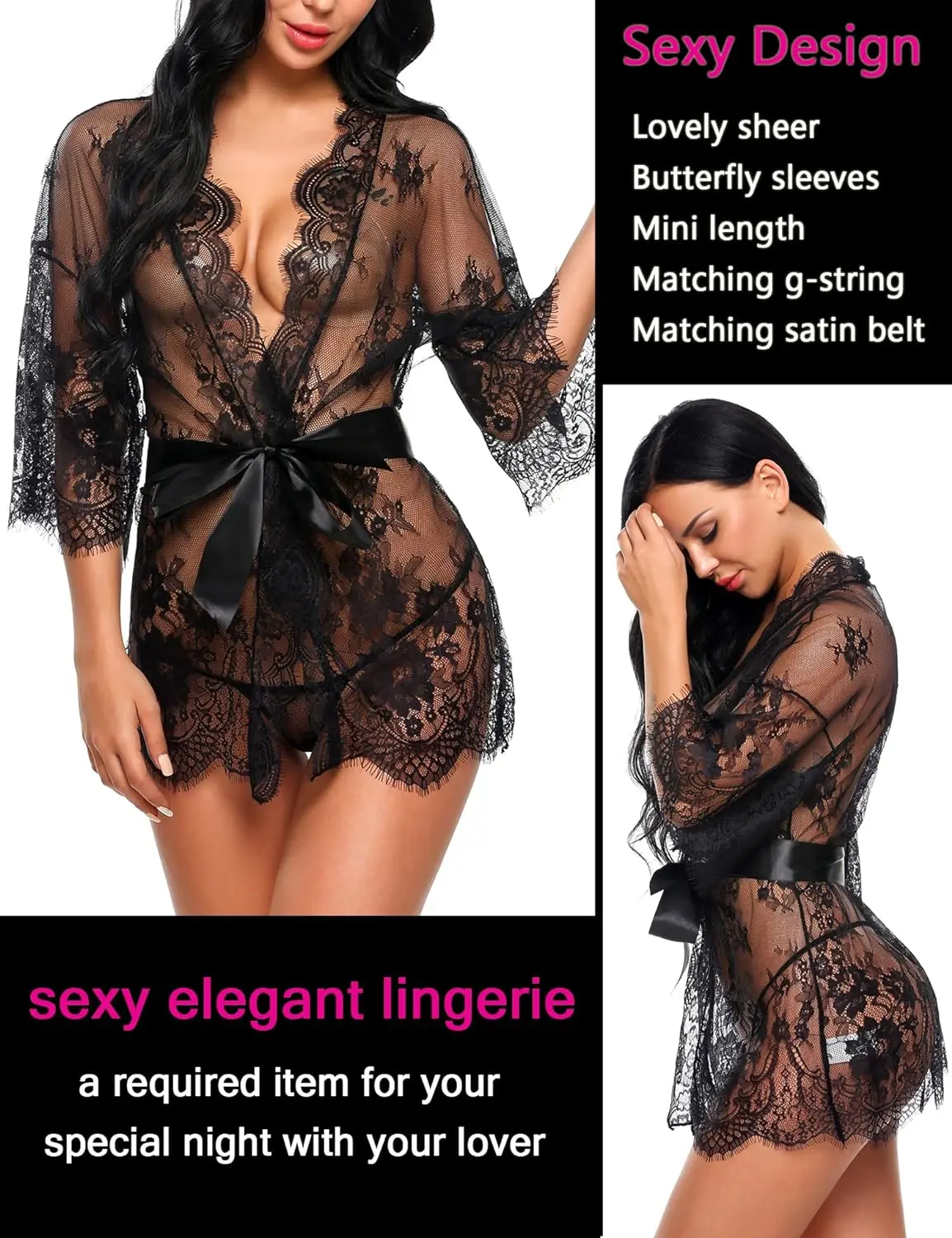 European and American Sexy Lace Pajamas Women\'s Lace Kimonos Long Robes Underwear Mesh Pajamas Fashionable and Sexy Pajamas