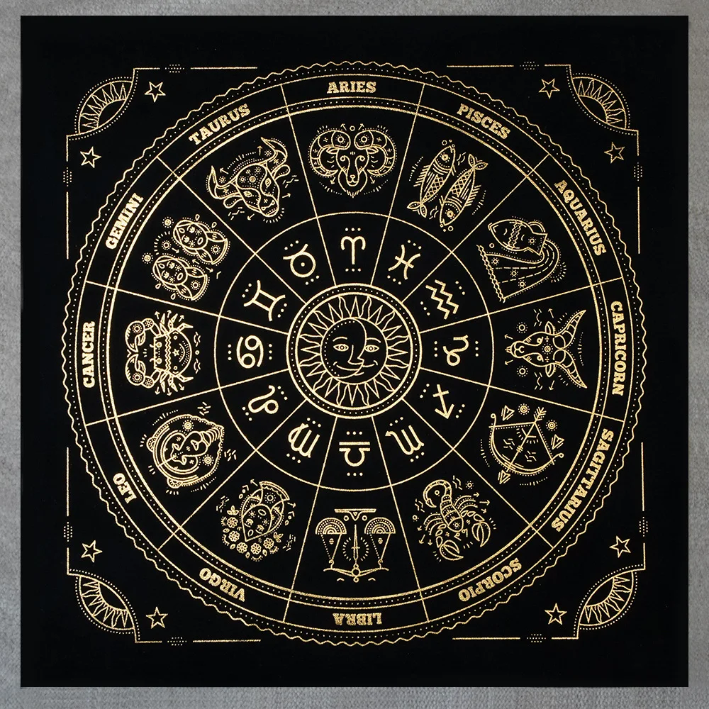Tapis d'autel de tarot en velours noir avec roue des 12 signes du zodiaque et calendrier, pour la lecture des cartes de tarot, tapis de bureau d'astrologie