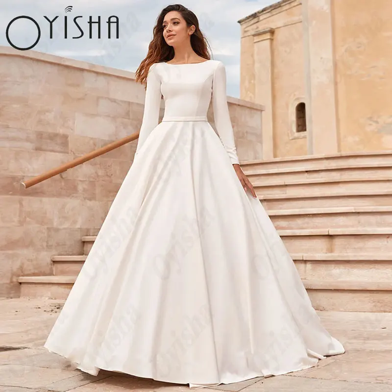 OYISHA Scoop a-line abiti da sposa bianchi eleganti maniche lunghe Appliques in raso abiti da sposa perle squisite Vestido De MariagesOYISHA Scoop A-Line Abiti da sposa bianchi Eleganti maniche piene in raso Appliques