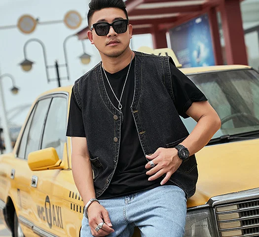 سترات جينز كبيرة الحجم، سترة جينز على الطراز الصيني برقبة على شكل حرف V، صدرية بدون أكمام للدراجات النارية للشباب