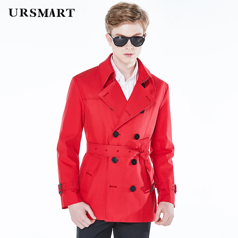 

2024 Short trench coat men's British fashion cotton polyester double breasted red custom windbreaker jacket men