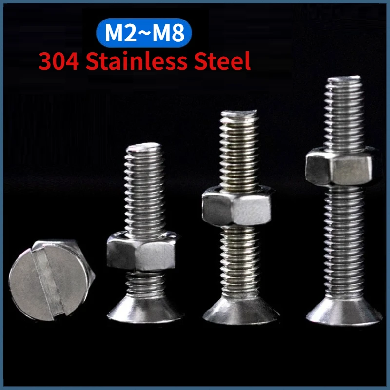 Slotted Countersunk Machine Screws Slot Csk Head Bolts and Hexagon Full Nuts Set 304 A2 Stainless Steel M2 M2.5 M3 M4 M5 M6 M8