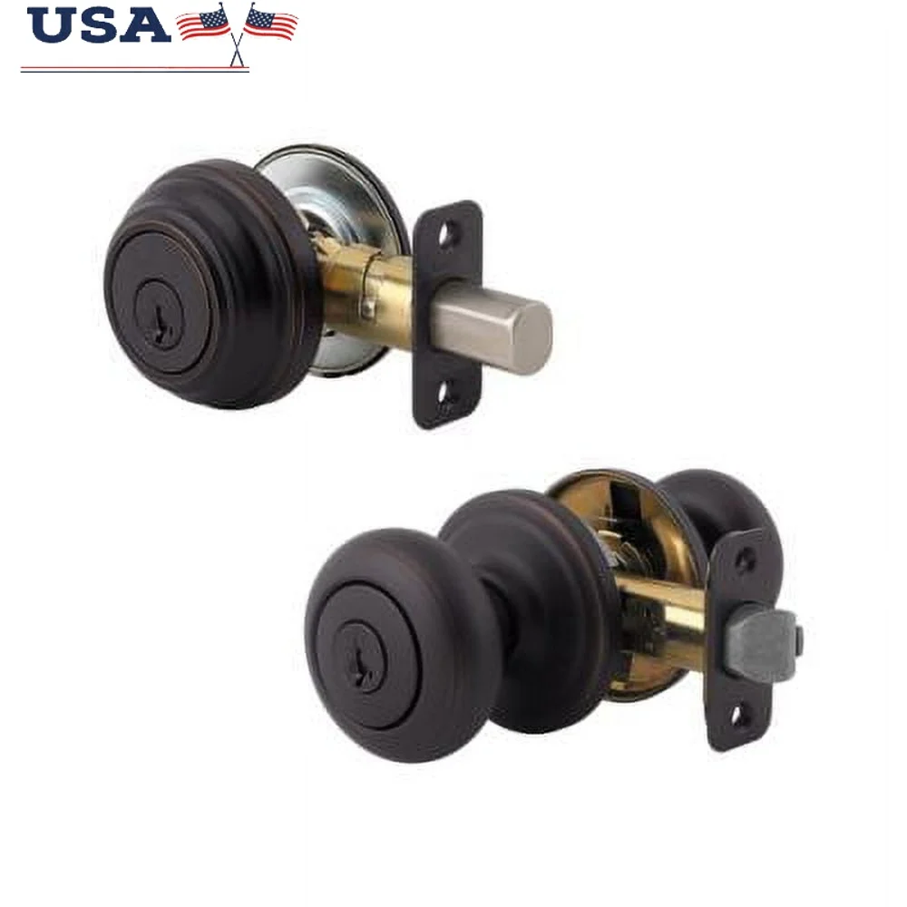 

Adjustable Keyed Door Knob Combo Pack with Deadbolt Venetian Bronze Finish Antimicrobial Protection SmartKey Security Exterior