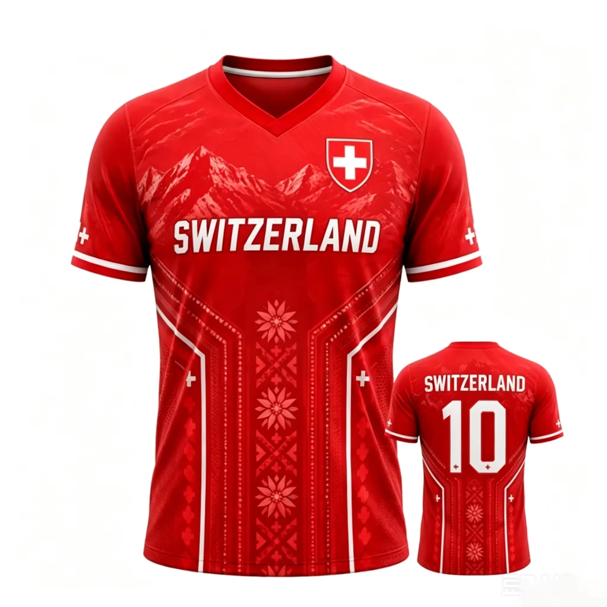 Unisex Switzerland Soccer Jersey Red White Splash Mountain Floral Print No.10 Cross Flag Decor 2026 Crest Fan Football Shirt