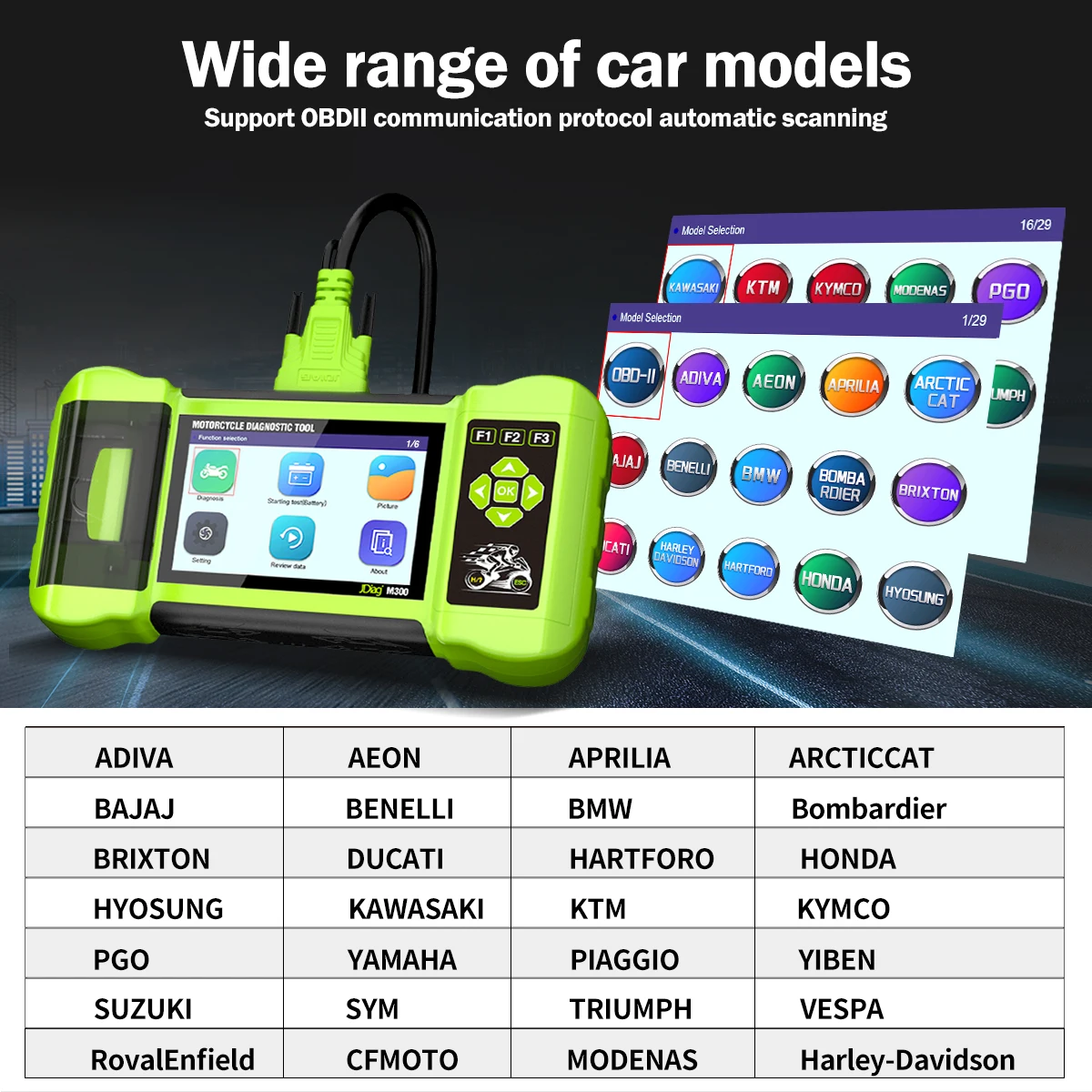 JDiag M300 Obd2 أدوات تشخيص الدراجات النارية الماسح الضوئي لـ AEON BMW DUCATI وKawasaki