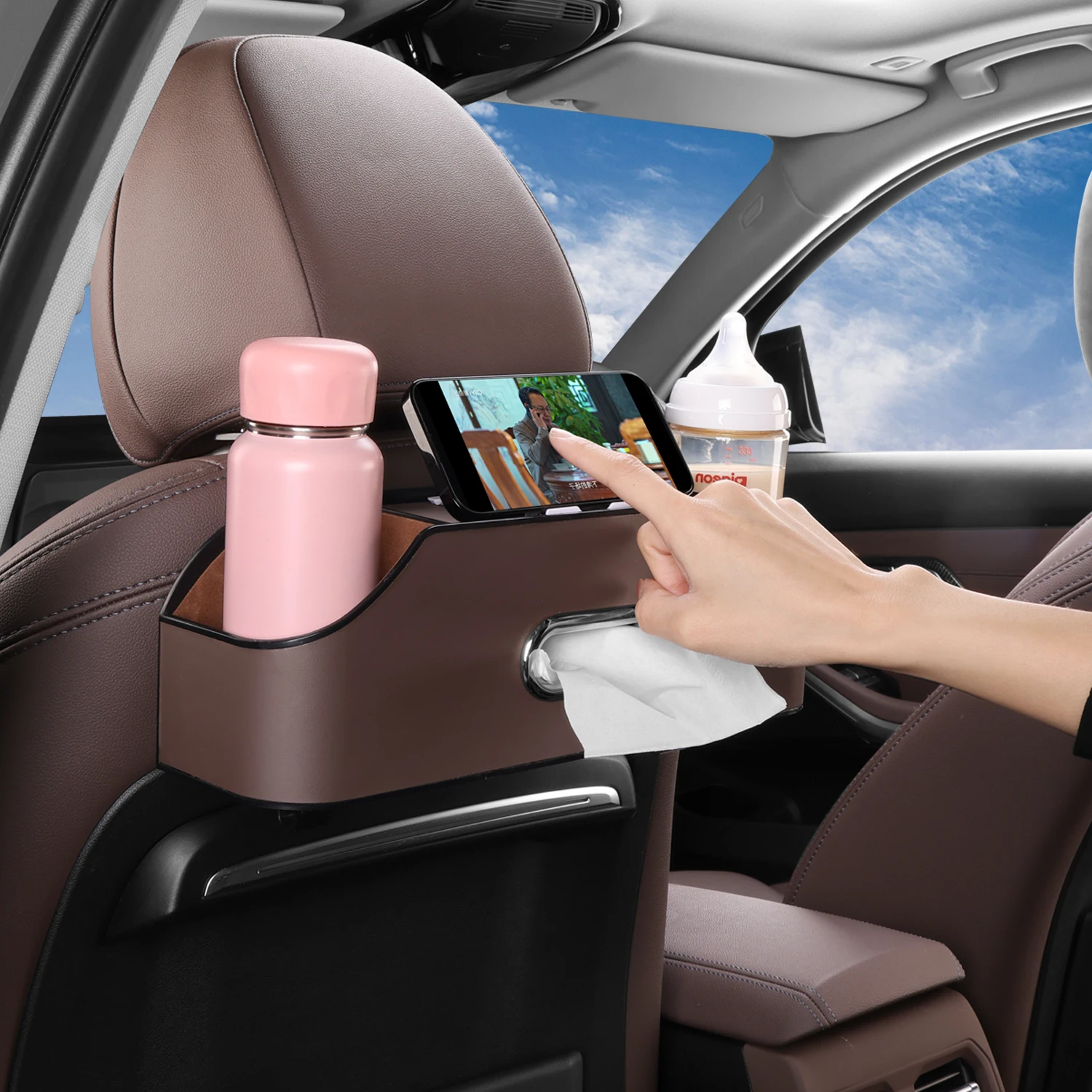 HOLDCY Car Back Seat Organizer with 2 Cup Holders, Tissue Storage, Brown Rigid ABS Frame With Pu Leather, Dual Hooks And Tool-Free Mounting For Cars, Suvs And Trucks With Separate Headrest Posts