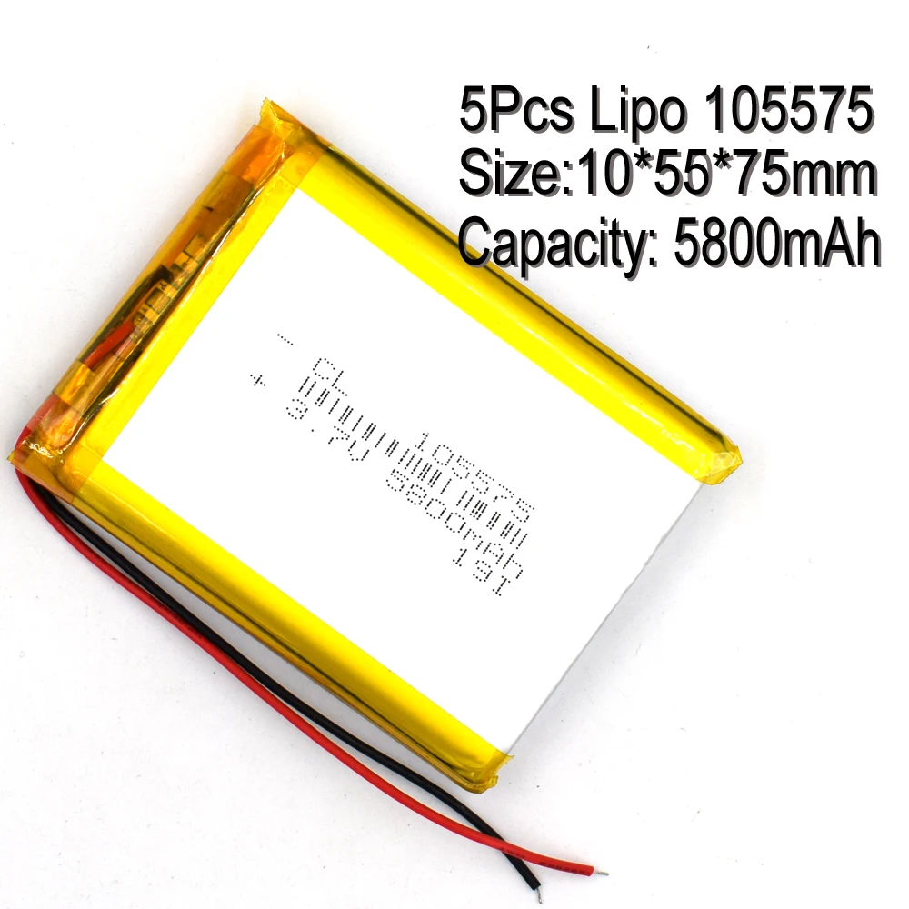 

5Pcs Li-Polymer Battery 105575 3.7V 5800mah 10*55*75mm Rechargeable Li-Po For DVD PAD PDA GPS Powerbank Notebook Tablet PC