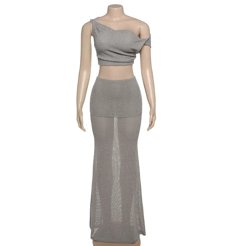 Beach Cover Up Suit Set Women Asymmetrical Diagonal Collar Backless Crop Top High Waist Long Skirt Vacation Sexy Solid Two Piece