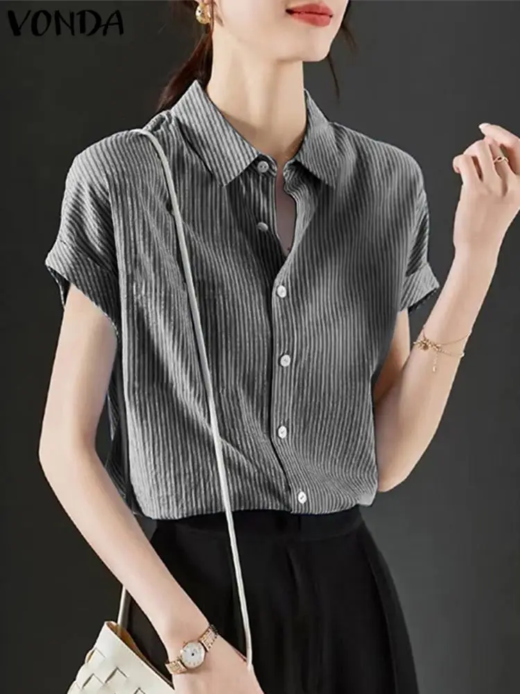 VONDA Summer Shirts Women Striped Blouses 2024 Fashion Lapel Short Sleeve Button Down Tunic Tops Casual Loose Blusas Femininas