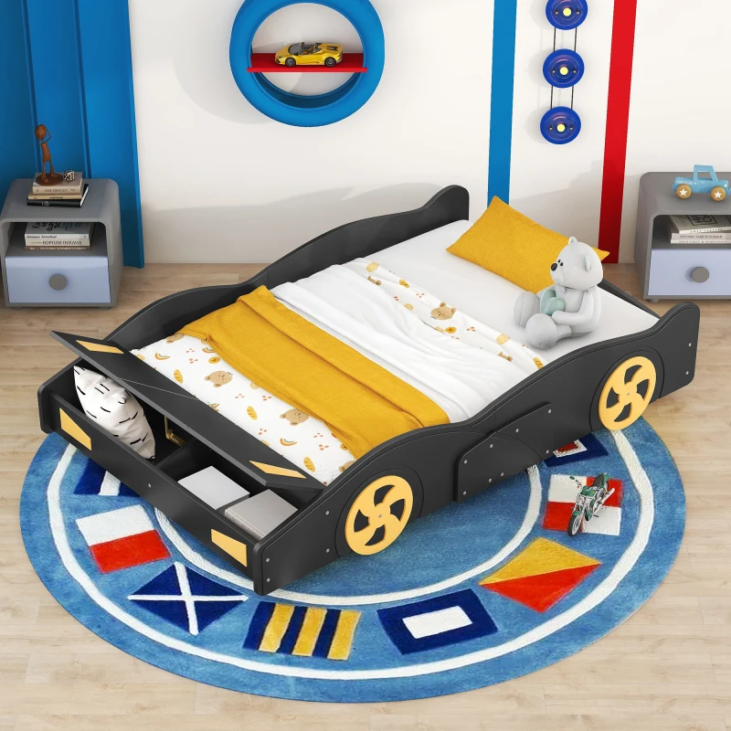 Full Size Race Car-Shaped Plataforma Cama com Rodas e Armazenamento, Preto e Amarelo