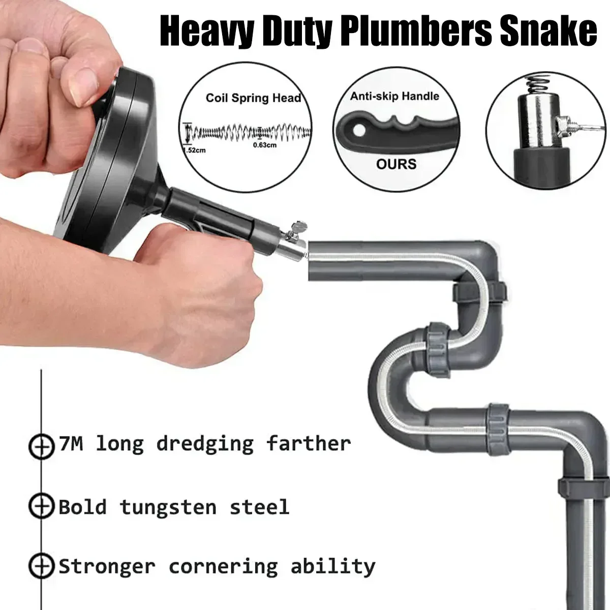 7M Plumbing Snake Drain Auger Manual Snake Drain Clog Remover with Non-slip Handle for Bathroom Kitchen Bathtub Shower Sink