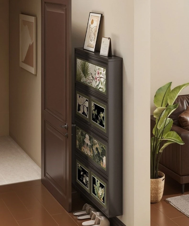 Medieval style, ultra-thin shoe cabinet, household door, very narrow steel shoe rack against the wall