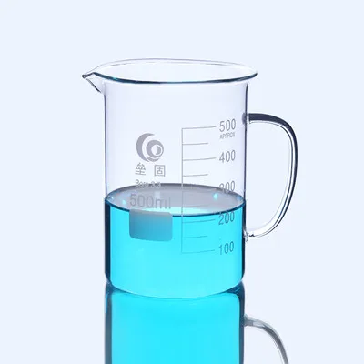 Vaso de vidrio de 500 ml con mango Nuevo cristalería de laboratorio químico Vidrio de borosilicato 3.3