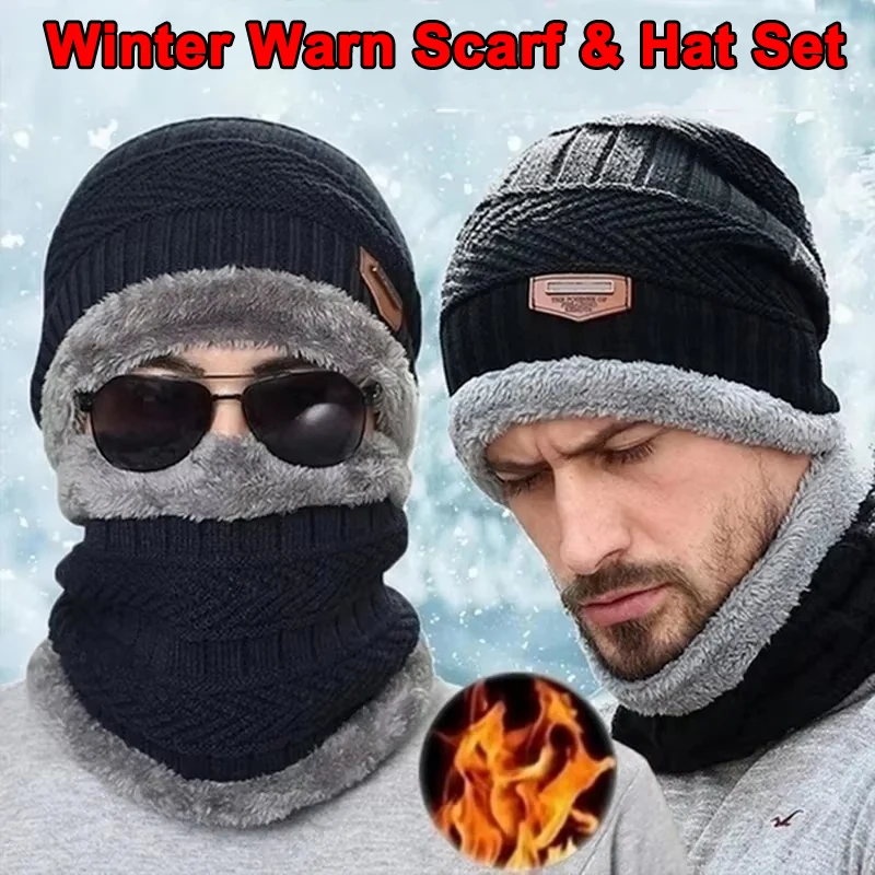 Winter Warm Hat Scarf Set for Men Women Thickened Velvet Outdoor Riding Hat Beanies Windproof Cold-Resistant Knitted Scarf Cap
