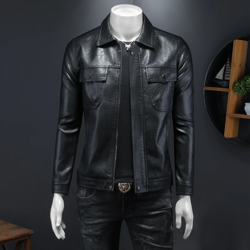 

Мужская кожаная куртка-косуха Slim Fit для осени и зимы, однотонная, с воротником-стойкой, модная молодежная повседневная верхняя одежда