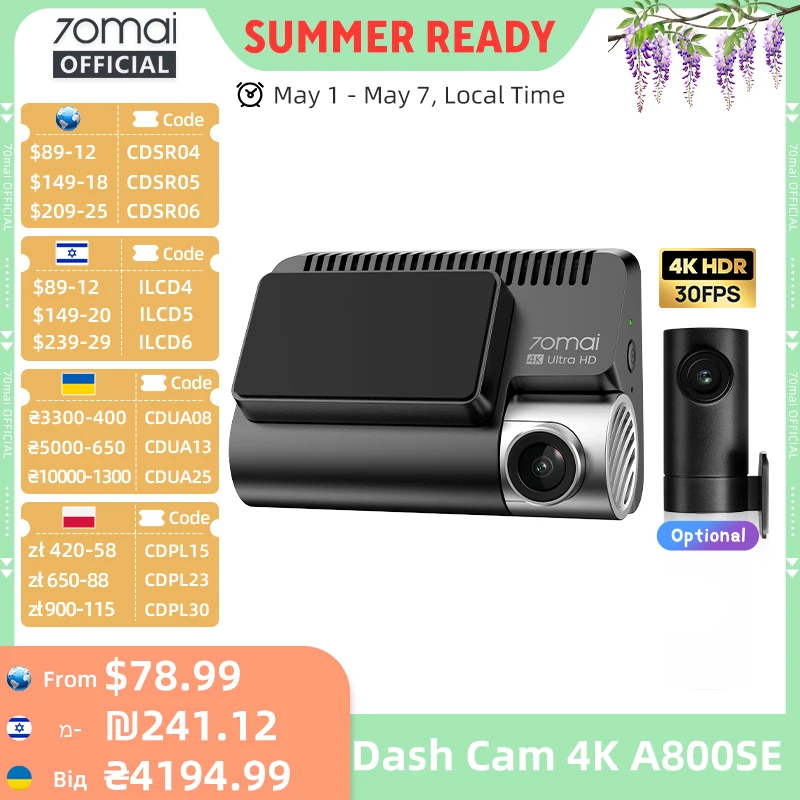 70mai A800SE Dash Cam 4K UHD Cinema-quality Built-in GPS ADAS