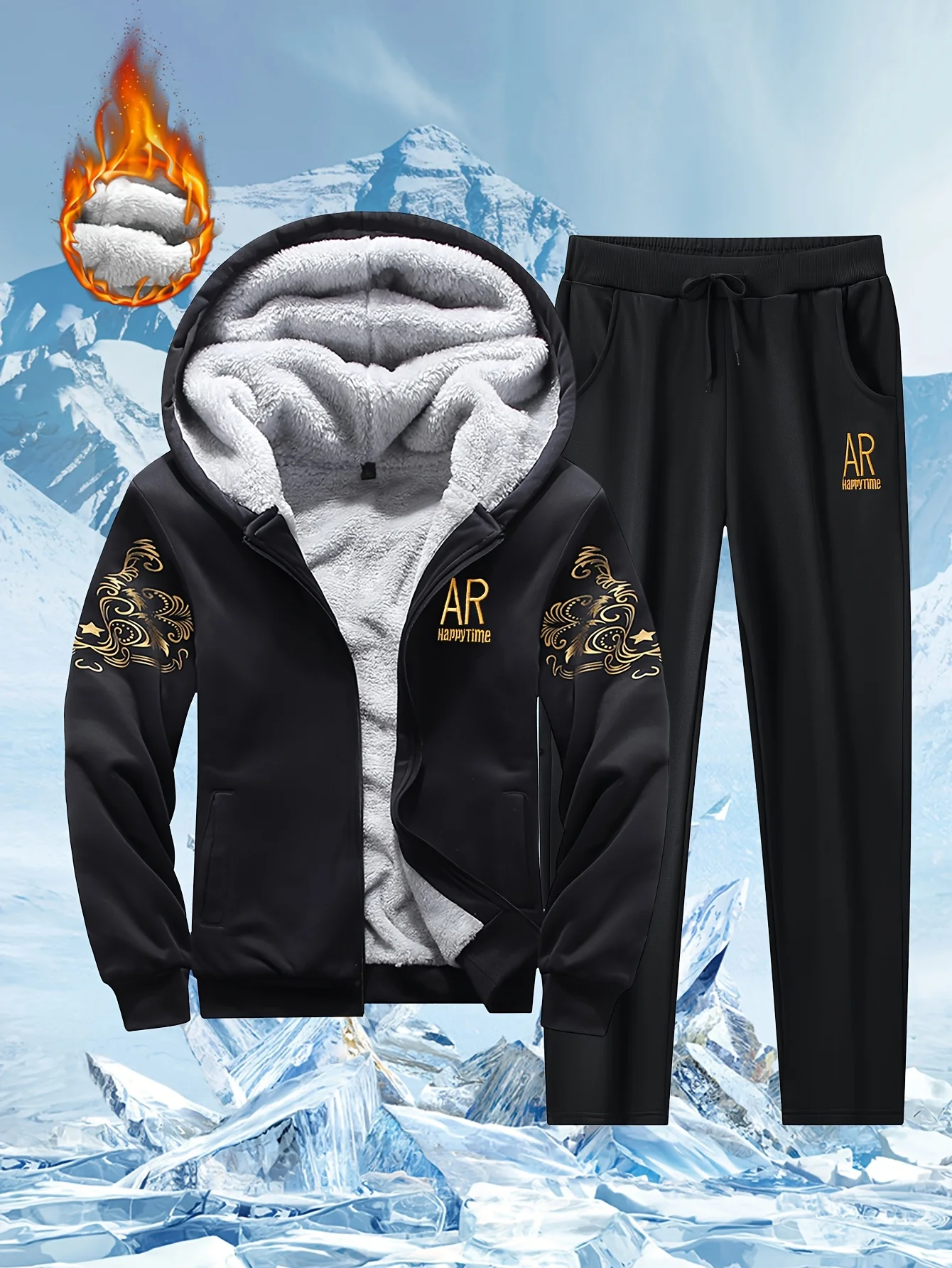 

Winter thickened down jacket with hood for men's outdoor sports and leisure warmth 2-piece set