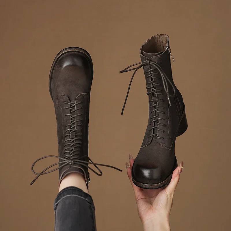 

2026 новые осенне-зимние женские ботильоны из натуральной кожи высотой 22-24,5 см, узкие ботинки из воловьей кожи с круглым носком и боковой молнией на толстом каблуке со шнуровкой