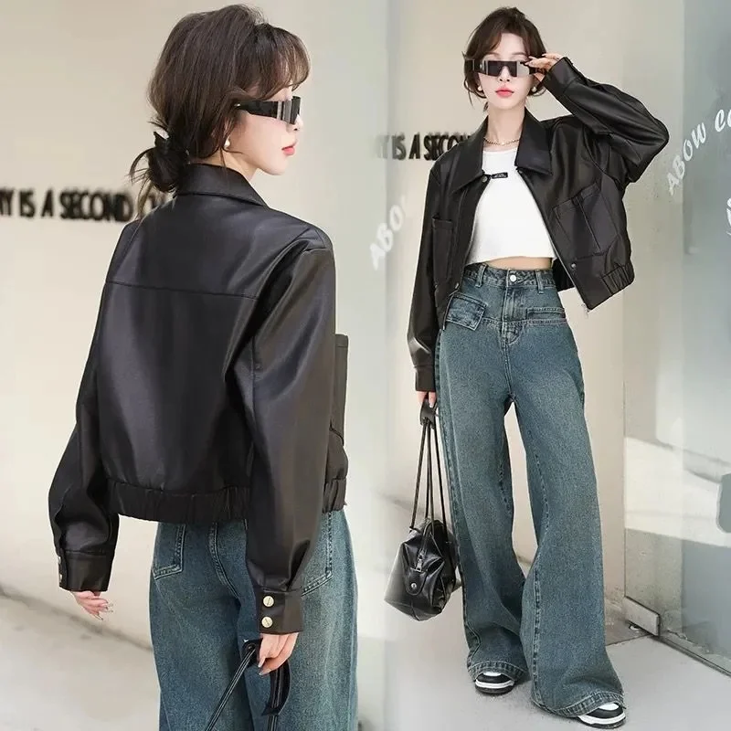 레트로 여성 롱 슬리브 가죽 재킷 2025 여성 숏 PU 가죽 탑 코트 봄 가을 여성 패션 인조 가죽 아우터