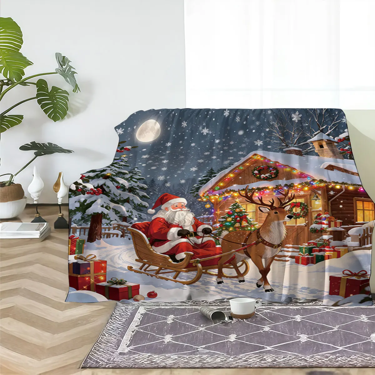 1 Stück Flanelldecke mit Weihnachtsmann-Schlitten-Aufdruck, mehrere Größen, für Sofa, Nickerchen, Teppich, weiche Multifunktionsdecke, maschinenwaschbar