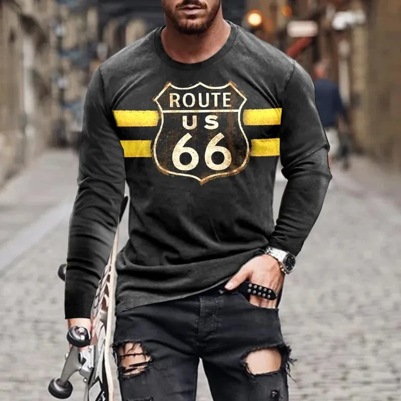 Vintage Route 66 kaos lengan panjang untuk pria, t-shirt kerah bulat kasual ukuran besar modis musim panas 3D untuk pria