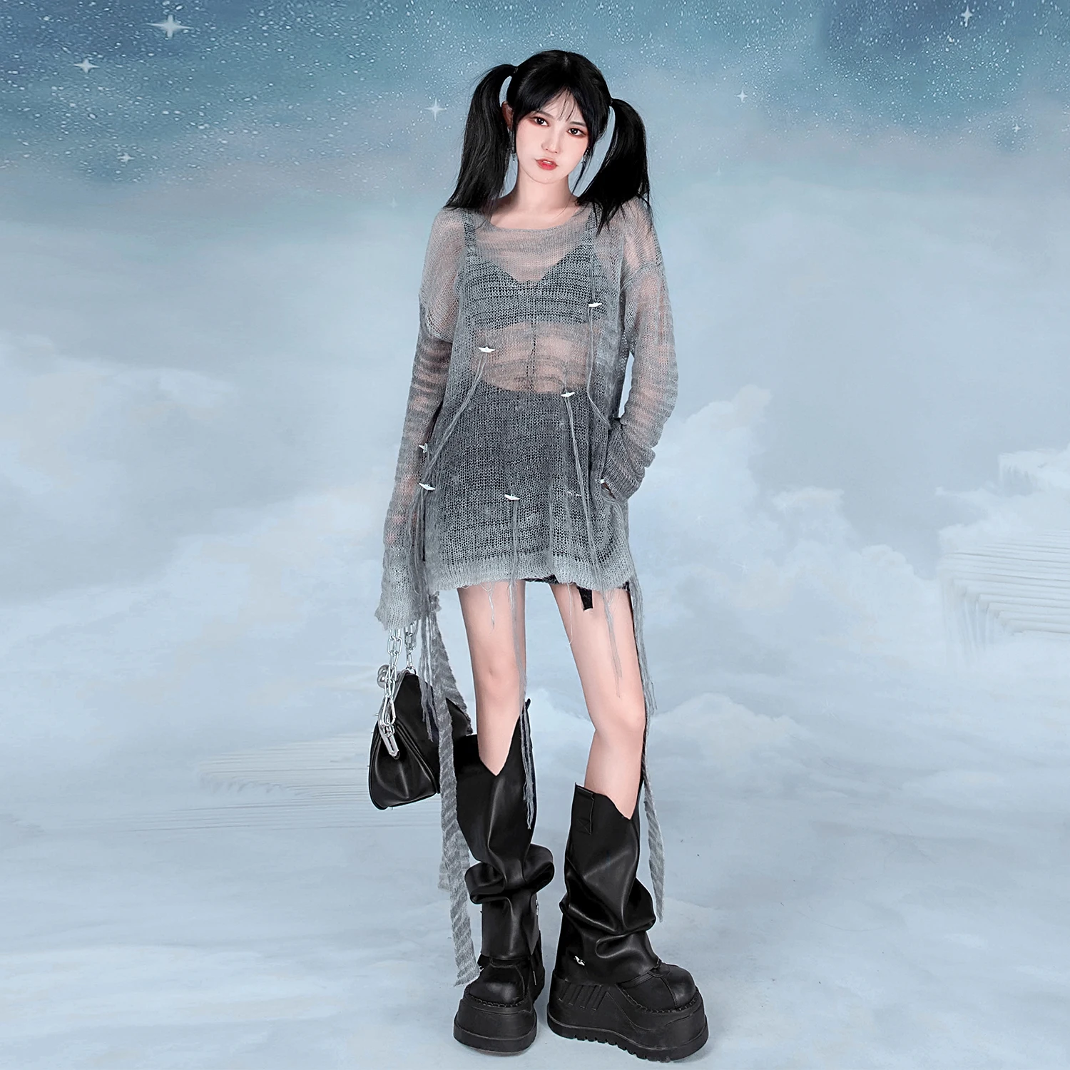 

Street Style Gradient Handmade Cool Personalized Sweater Coat with Sash And Beard Sexy Trendy round Neck Rabbit Fur Blend