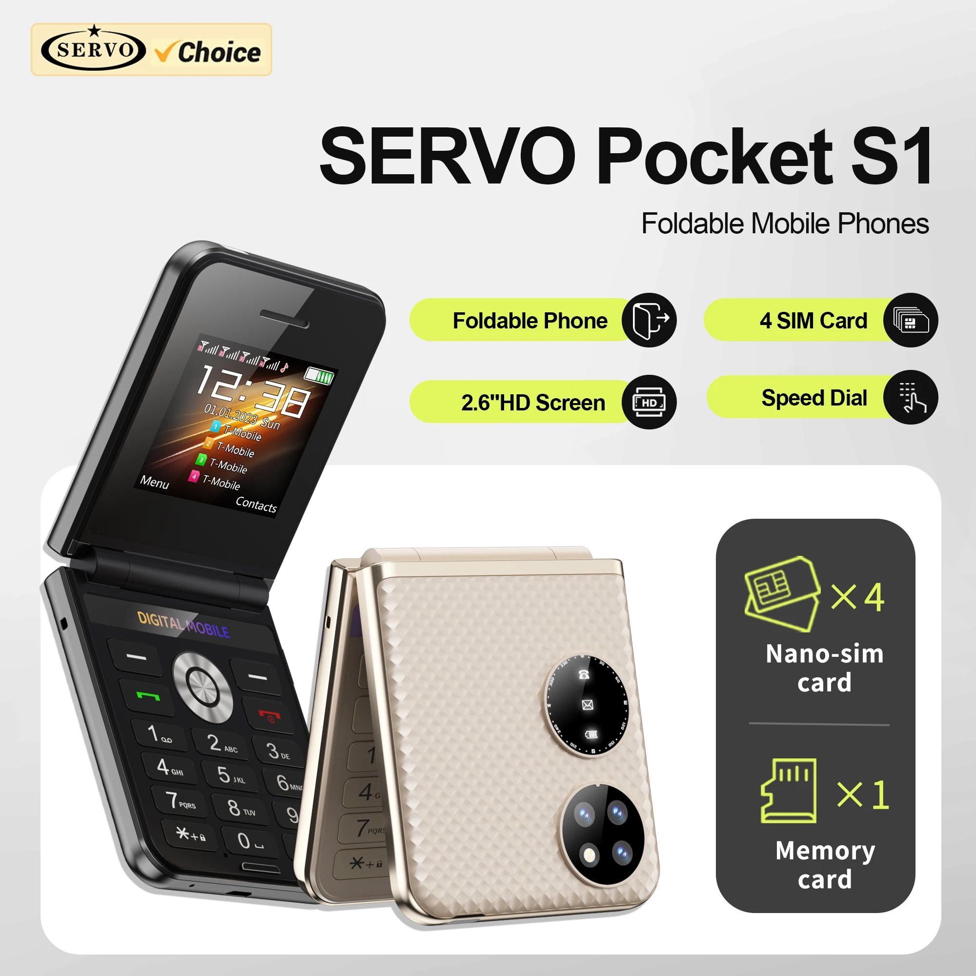 SERVO Pocket S1 Flip Mobile Phone 4 SIM Standby Call Recording Magic Voice Speed Dial Blacklist 2.4