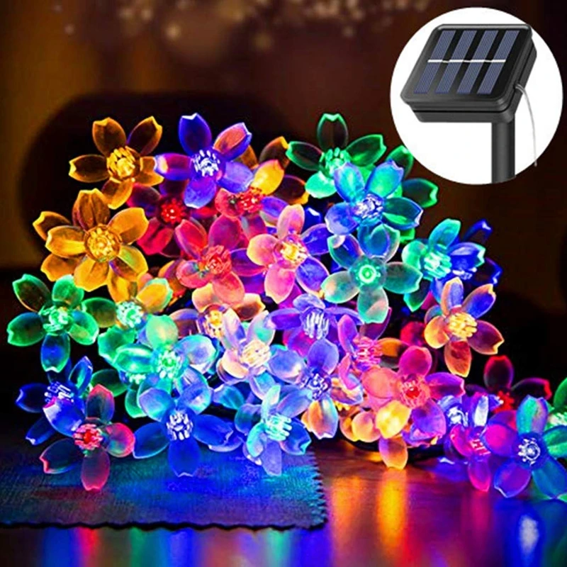 20 50 LED Solar Powered Peach Blossom Flower Outdoor String Lamps Decorative Garden Patio Street String Light Solar Lamp