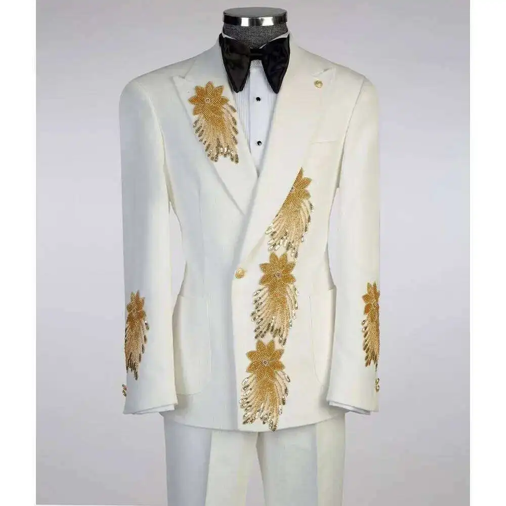 Elegant Appliqued Two-Piece Men's Suit For Wedding Banquet Host Dance Prom Christmas Costume Men Blazer Chinese Style