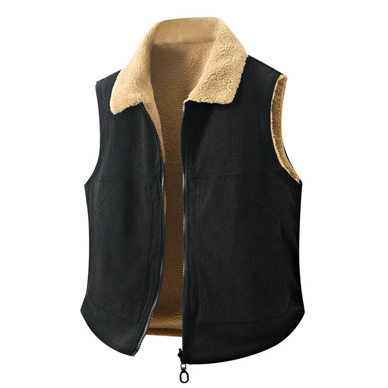 Winter Man Plush Vest Thicken Warm Turn Down Collar Zipper Men Waistcoat Fashion Contrast Color Sleeveless Male Two-sided Coat