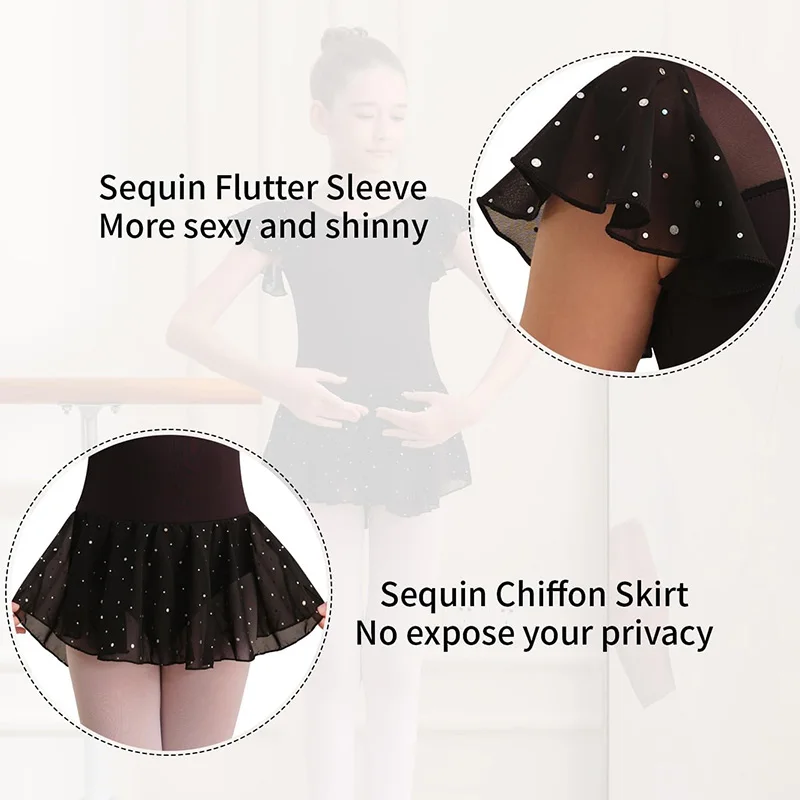 الفتيات رفرفة الترتر كم الباليه ملابس رقص الجمباز للطفل الجمباز التنانير مع التنانير عالية منخفضة وبطانة ناعمة ثياب الرقص