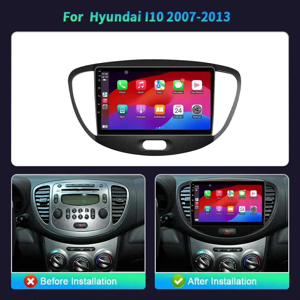 Car Radio Android 14 For Hyundai I10 2007-2013 Multimedia Bluetooth GPS Navigation Stereo System 4G BT GPS CarPlay Touch Screen