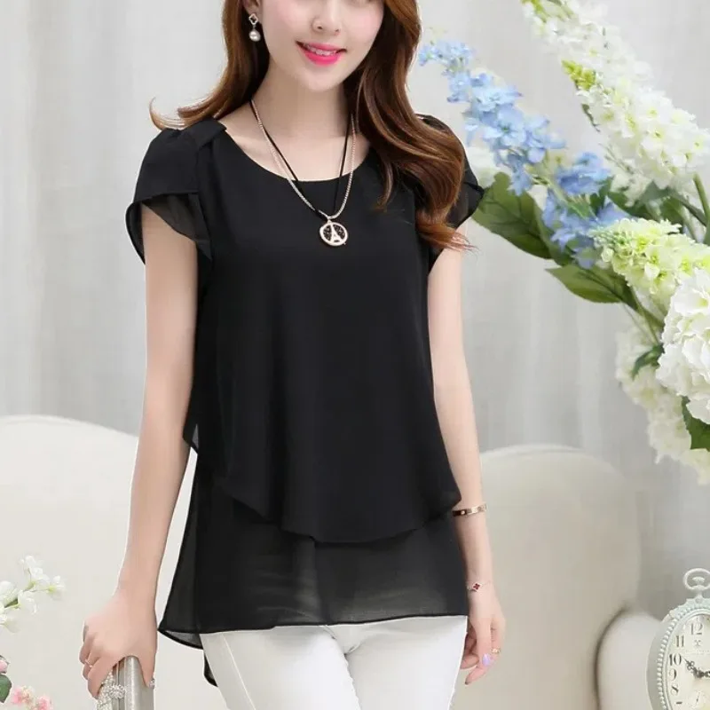 618 Ladies Fashion Casual Simplicity Trend Chiffon O-neck Solid Color Tops Short Sleeve Loose Summer New Style Pullover