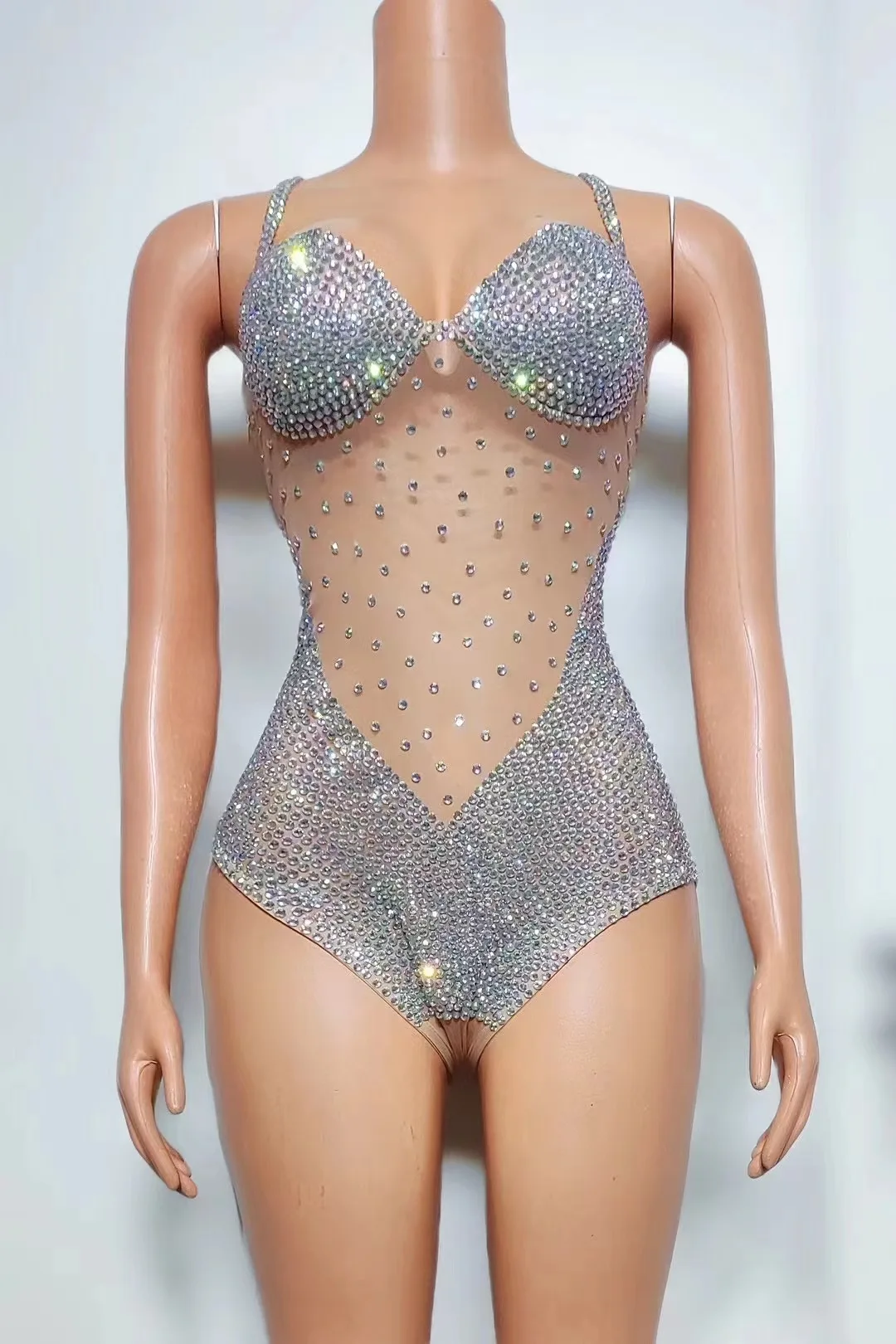 

Sparkly Rhinestones Sexy Mesh Bodysuit Nightclub Female Singer Dancer Stage Performance Show Outfit Party Evening Costume