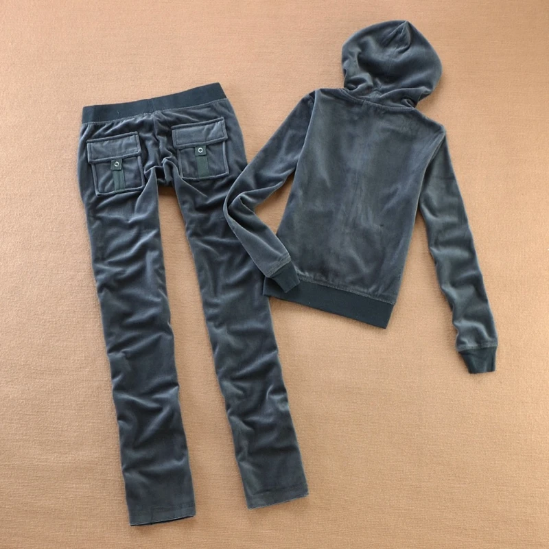 2 Piece Sets Women Outfit Luxury Elegant Velvet Tracksuit Hooded Rhinestone Top and Back Pockets Bottoms Casual Jogging Suit