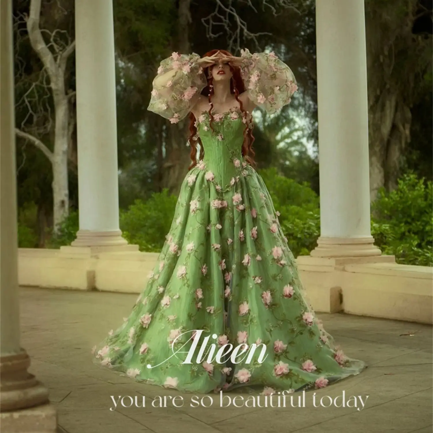 

Aileen Bespoke Occasion Dresses for Special Occasions Customized Long Dresses With Sleeves 3D Flowers Green Sweetheart Evening