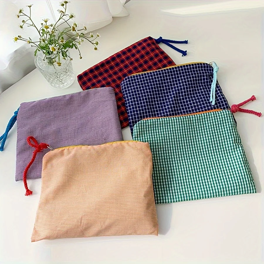 Offre spéciale femmes sac de maquillage à carreaux grande capacité coton pochette à fermeture éclair sac à main voyage trousse de maquillage Portable Simple pochette sac cosmétique