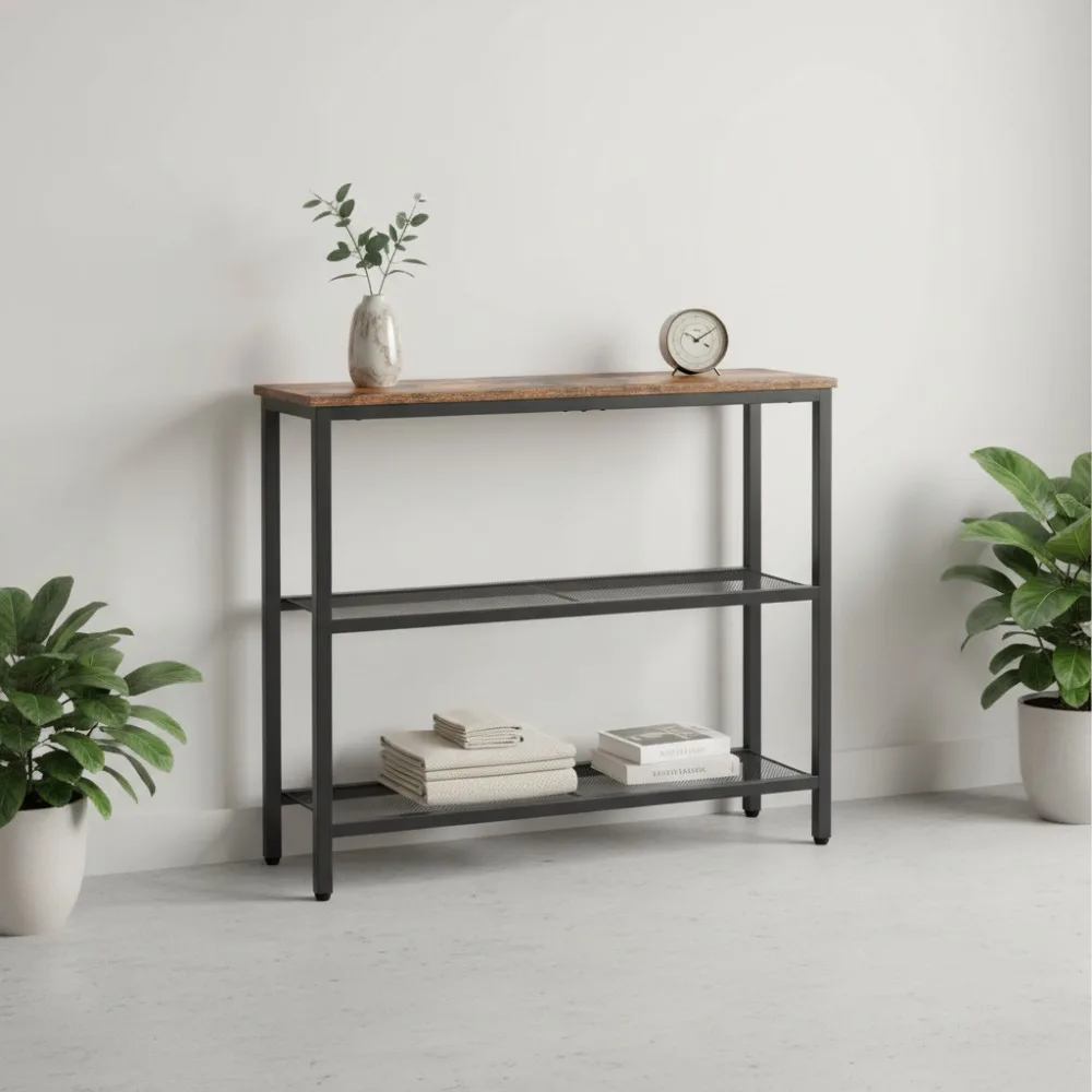 

29.5" Narrow Console Table with 3-Tier Shelves, Slim Sofa Table for Small Spaces, Rustic Brown & Black