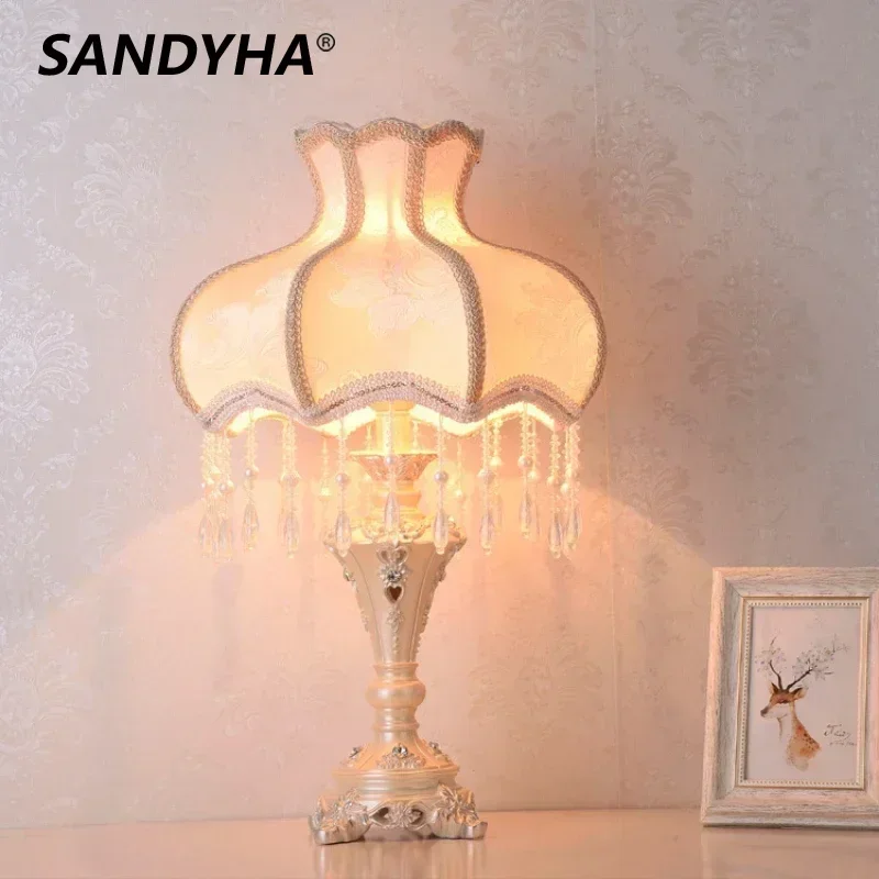 

SANDYHA European Style Floor Lamp for Bedroom Bedside Lamp Living Room Study Lighting Fabric Lampshade Design Home Decoration