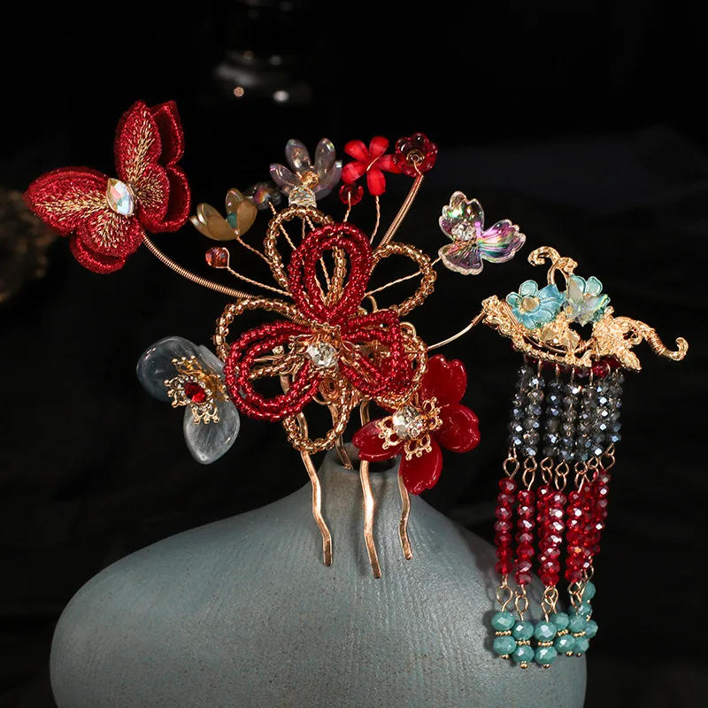 Bridal Xiuhe Dress Headdress Chinese Red Colored Glaze Flower Ancient Style Elegant High-Grade and Gown Hair Accessories