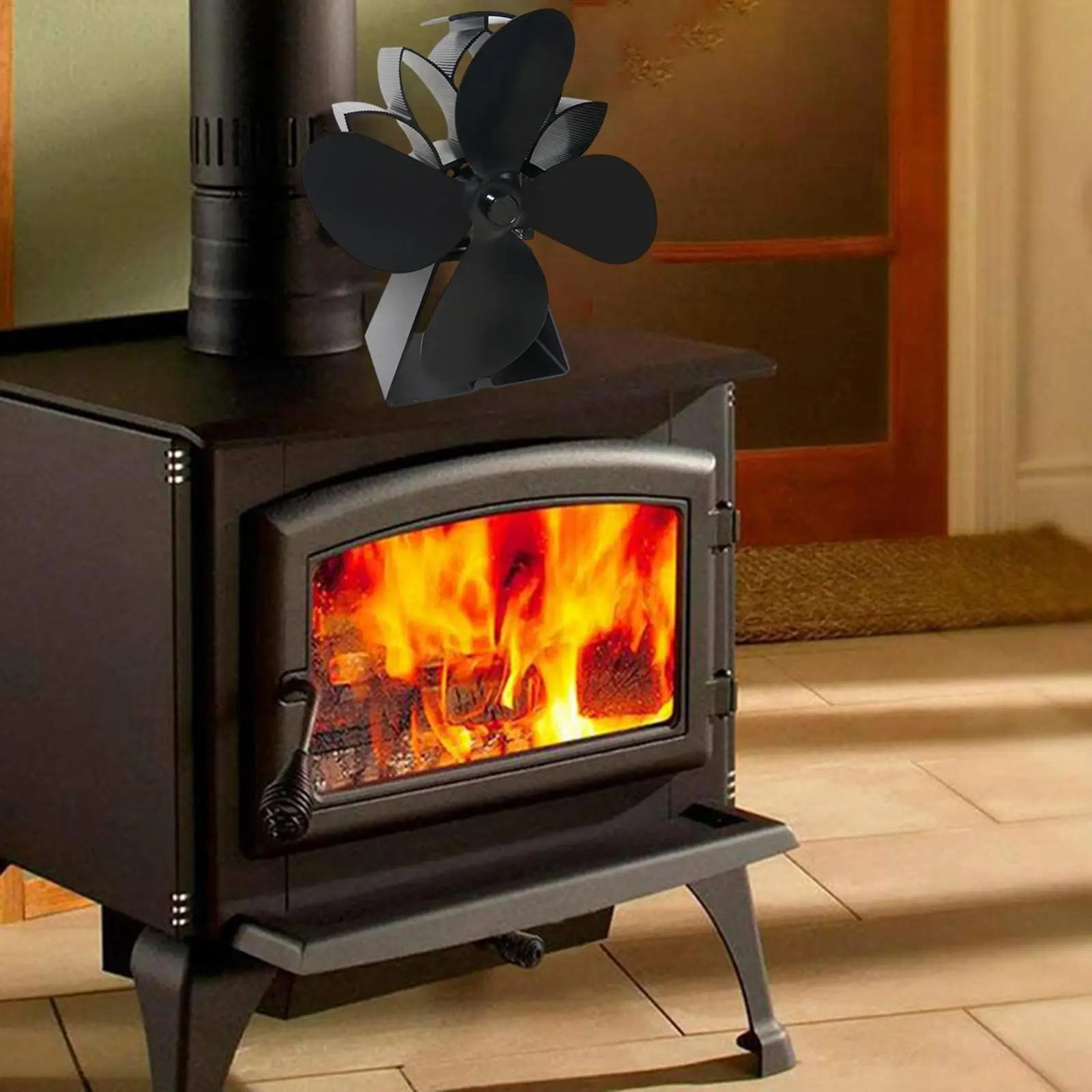 4 Vanes stoves Fan Fireplace Fan Silent Furnace Fan Burner stoves Circulates Warm Black Non Electric Household Save Fuel