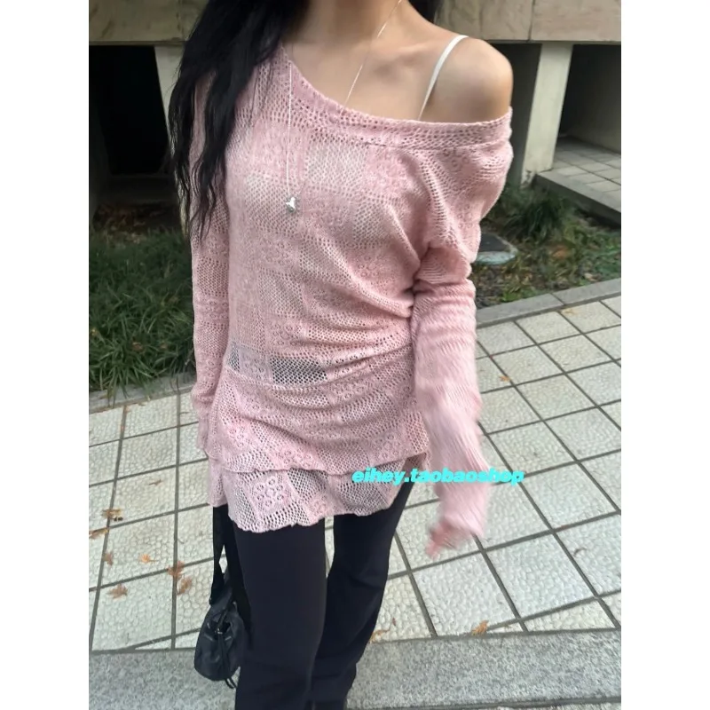 

High Street модная милая вязаная футболка с длинными рукавами и рюшами, женская весенняя новинка 202, с круглым вырезом, полые однотонные повседневные топы